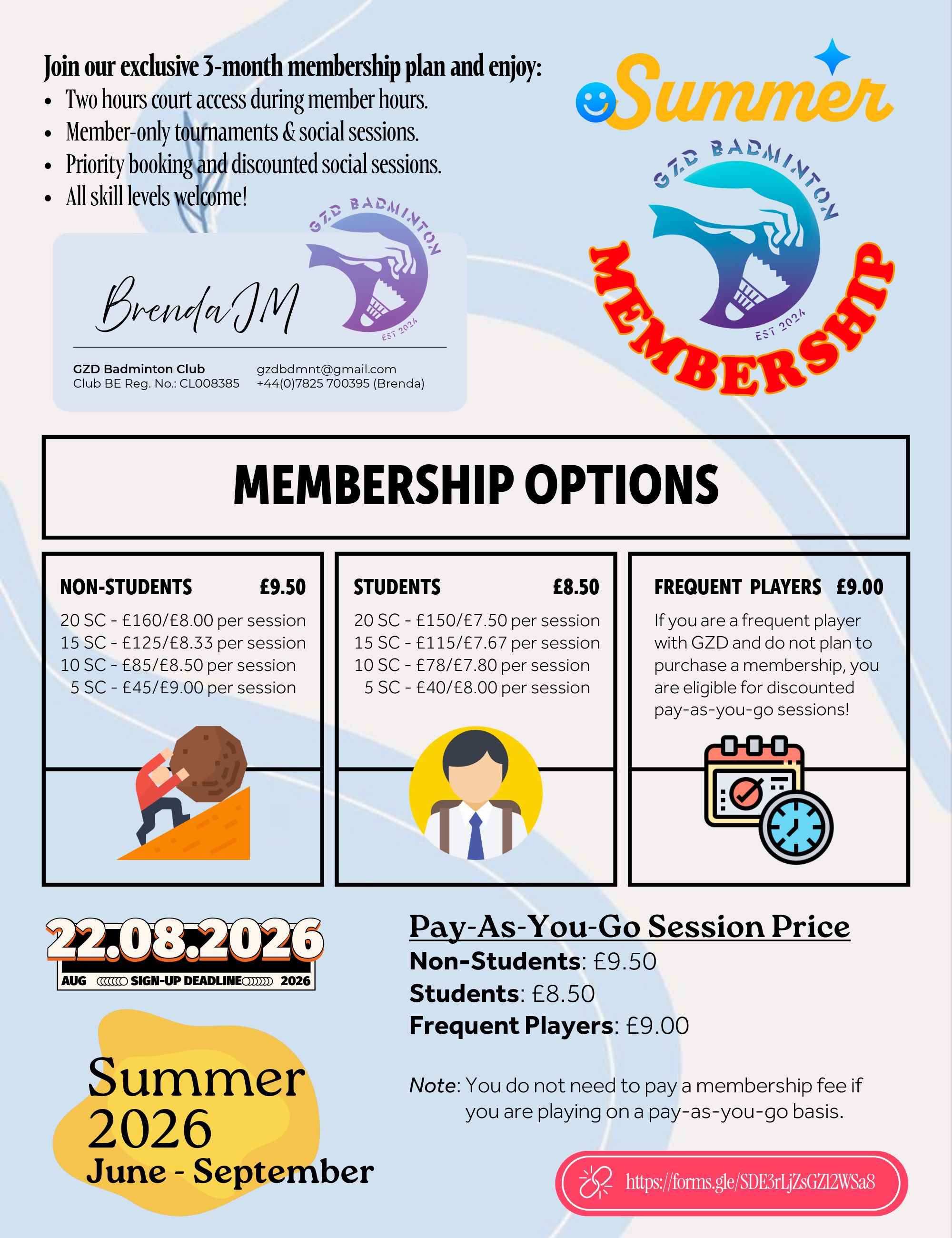 GZD Badminton Summer 2026 membership pricing and options