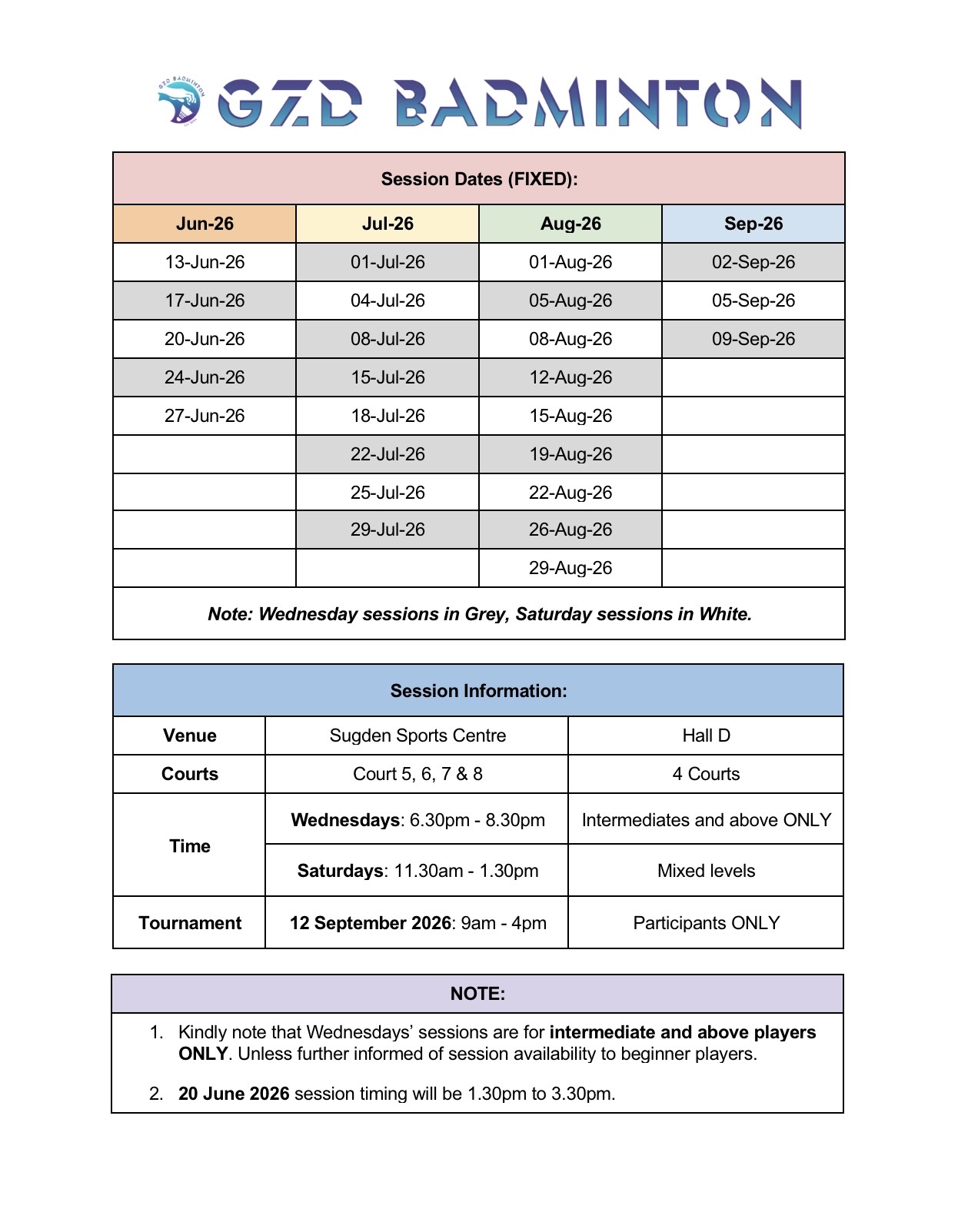 GZD Badminton fixed session dates, June to September 2026